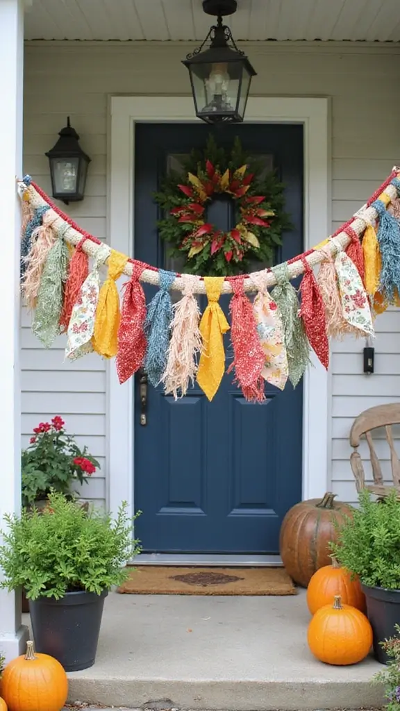 47 Front Porch Christmas Decor Ideas That Welcome Guests - 42. Recycled Fabric Banner