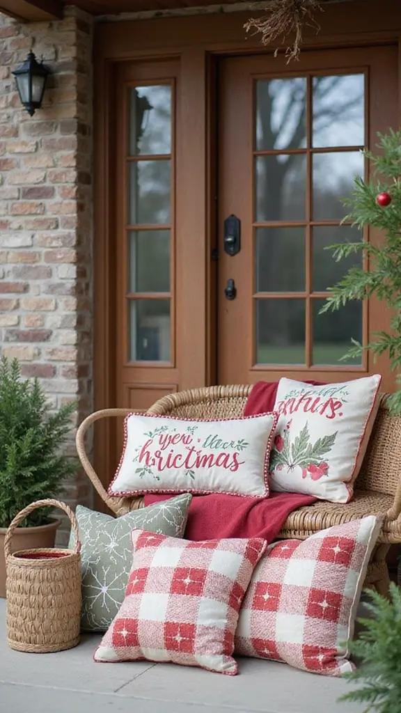 47 Front Porch Christmas Decor Ideas That Welcome Guests - 46. Holiday-Themed Pillows