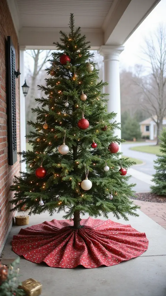 47 Front Porch Christmas Decor Ideas That Welcome Guests - 47. Sustainable Holiday Tree Skirts
