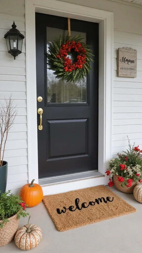 47 Front Porch Christmas Decor Ideas That Welcome Guests - 8. Seasonal Welcome Mats