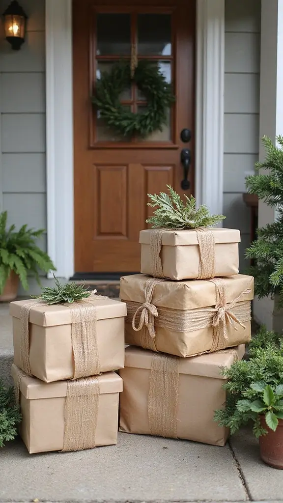 47 Front Porch Christmas Decor Ideas That Welcome Guests - 9. Recycled Gift Boxes