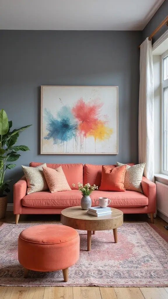 47 House Color Schemes Interior Palettes That Wow Instantly - 36. Cool Grey and Bright Coral