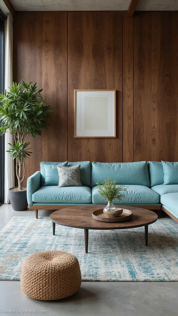 47 House Color Schemes Interior Palettes That Wow Instantly - 41. Rich Walnut and Cool Aqua