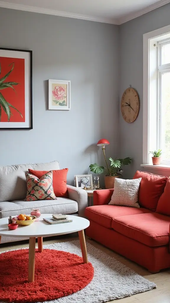 47 House Color Schemes Interior Palettes That Wow Instantly - 44. Soft Gray and Bright Red