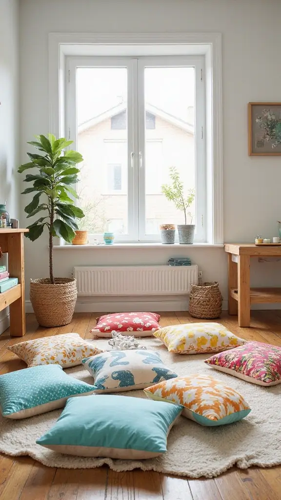 47 Modern Retro Interior Design Ideas That Feel Playful - 22. Colorful Floor Cushions