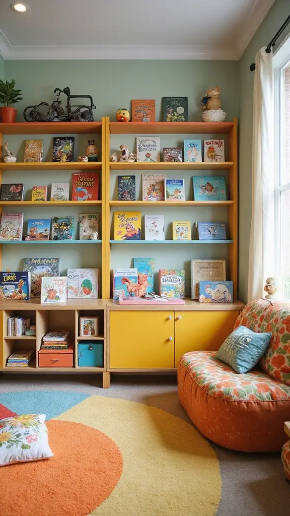 47 Modern Retro Interior Design Ideas That Feel Playful - 28. Colorful Book Displays