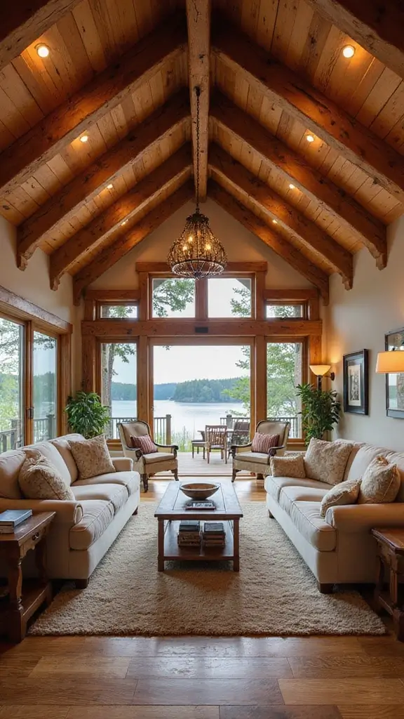 47 Rustic Lake House Decor Ideas That Feel Relaxing - 1. Wood Beam Ceilings