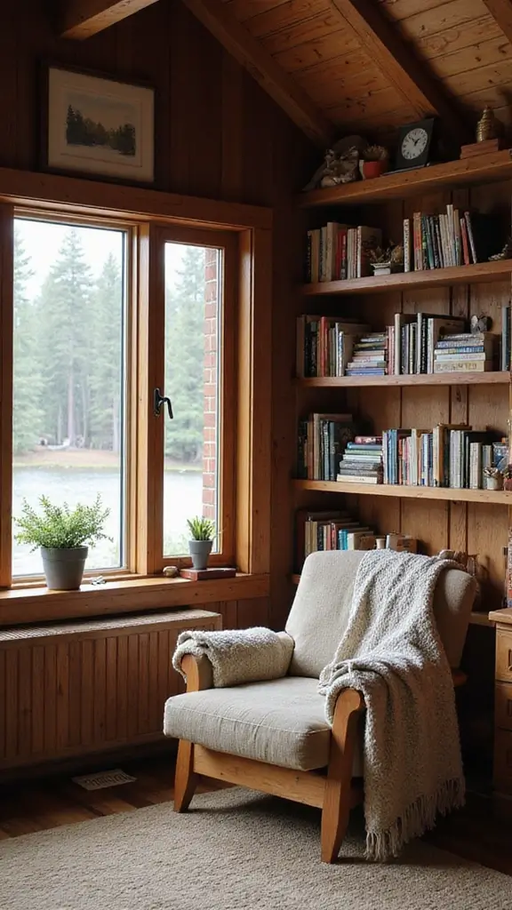 47 Rustic Lake House Decor Ideas That Feel Relaxing - 13. Cozy Reading Nooks