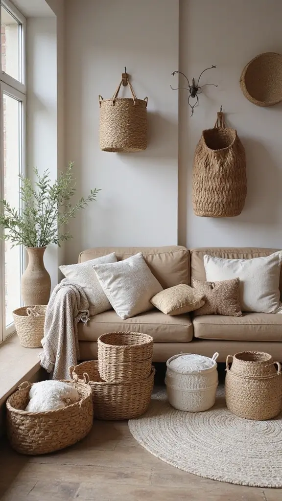 47 Rustic Lake House Decor Ideas That Feel Relaxing - 24. Stylish Baskets