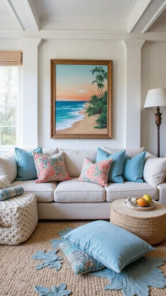 48 Beach House Interior Design Ideas That Feel Like Vacation - 13. Playful Textiles