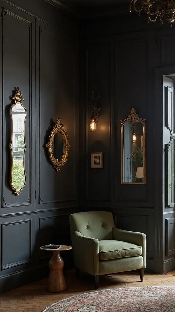 48 Dark House Interior Design Ideas That Look Chic - 39. Dark Wall Décor with Mirrors