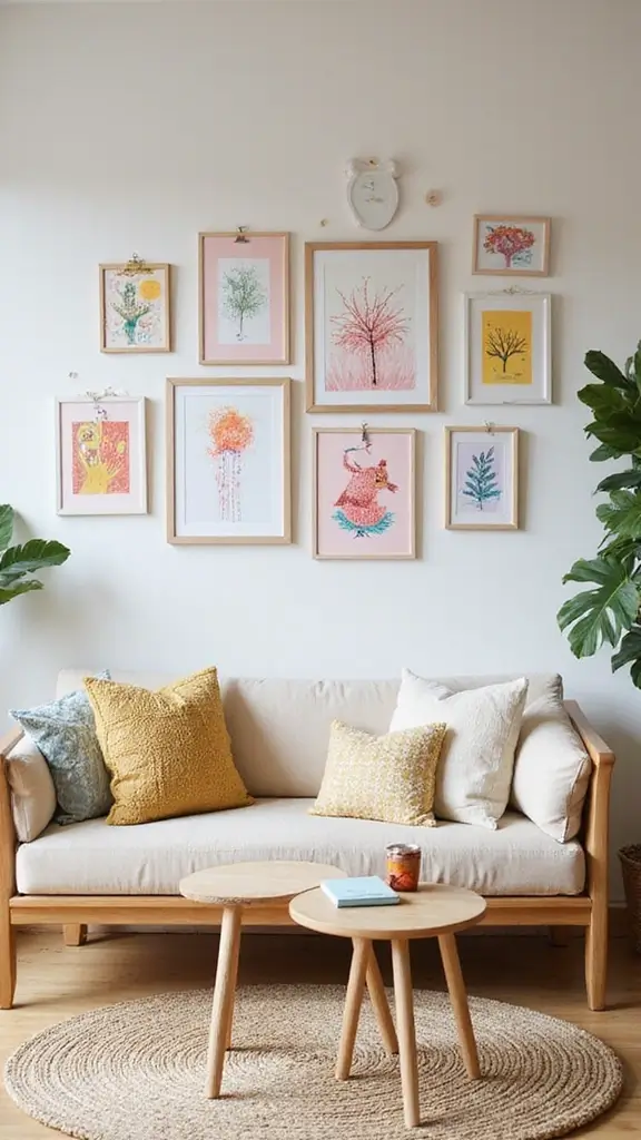 48 Gallery Wall Living Room Ideas That Tell Your Story - 10. Child's Art Showcase