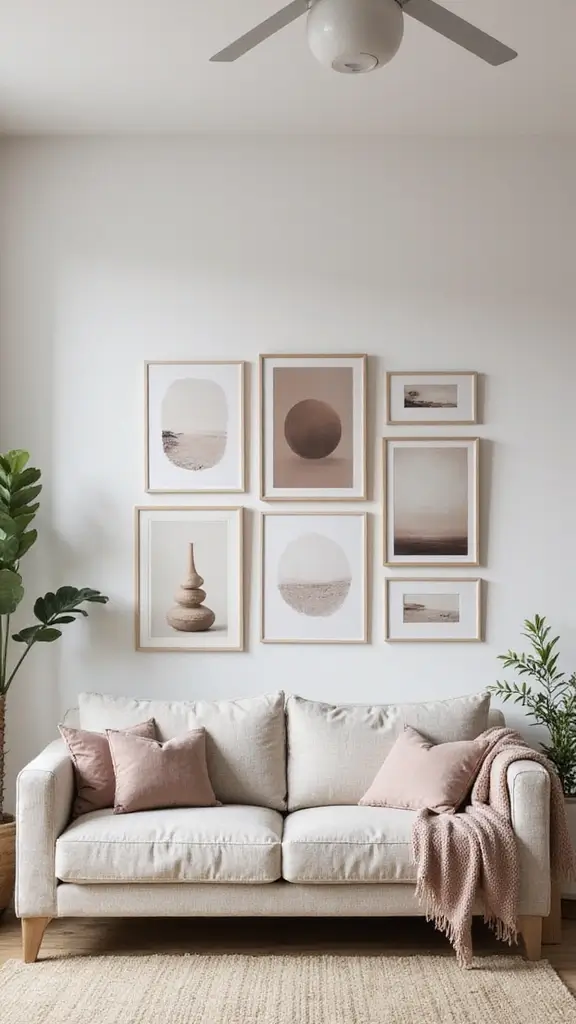 48 Gallery Wall Living Room Ideas That Tell Your Story - 12. Monochromatic Art Theme