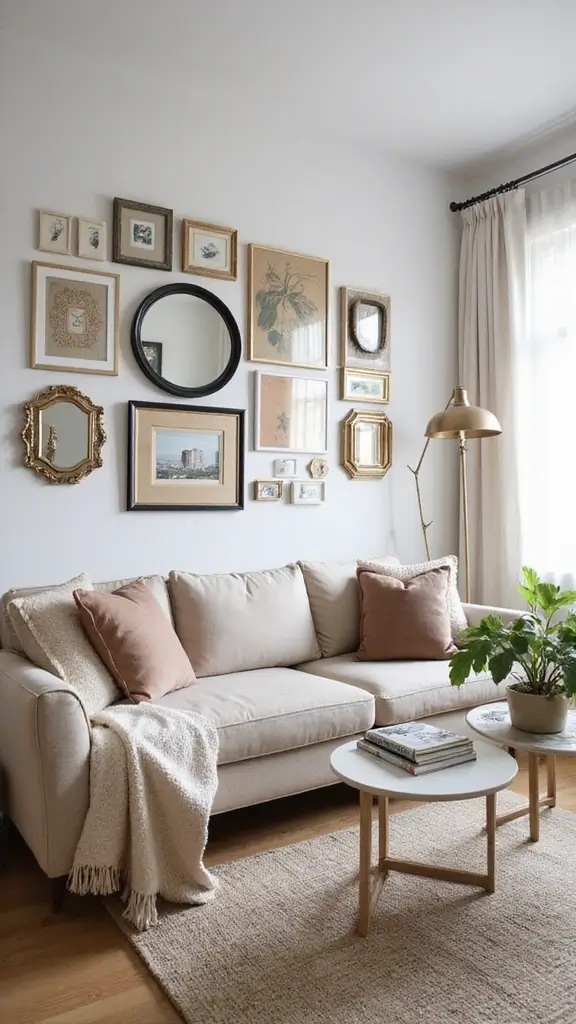 48 Gallery Wall Living Room Ideas That Tell Your Story - 15. Artistic Mirrors