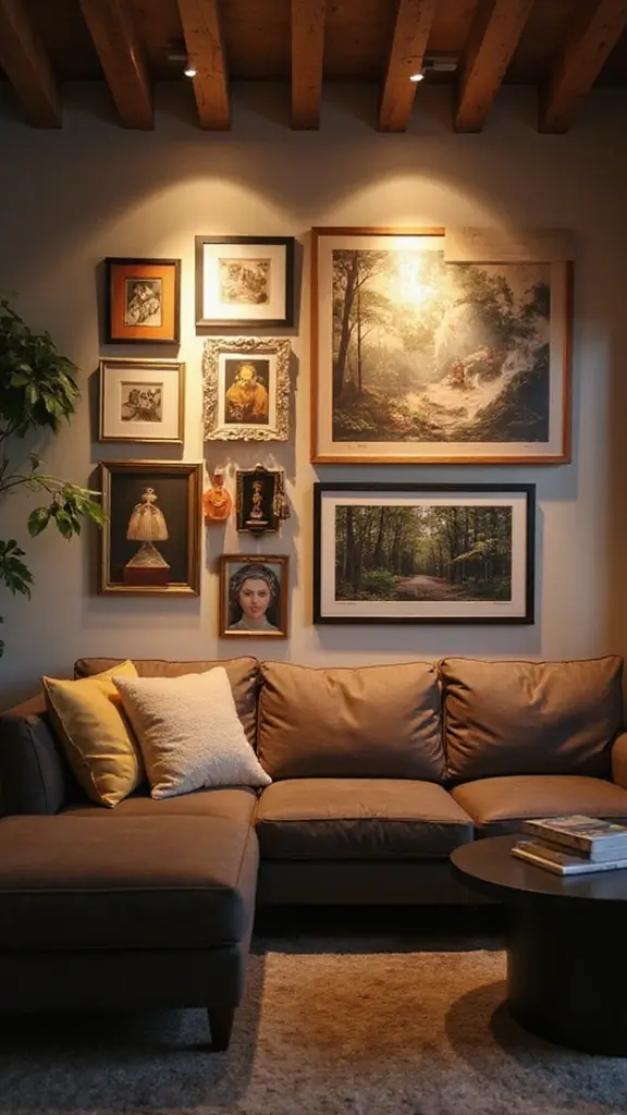 48 Gallery Wall Living Room Ideas That Tell Your Story - 17. Gallery Wall Lighting