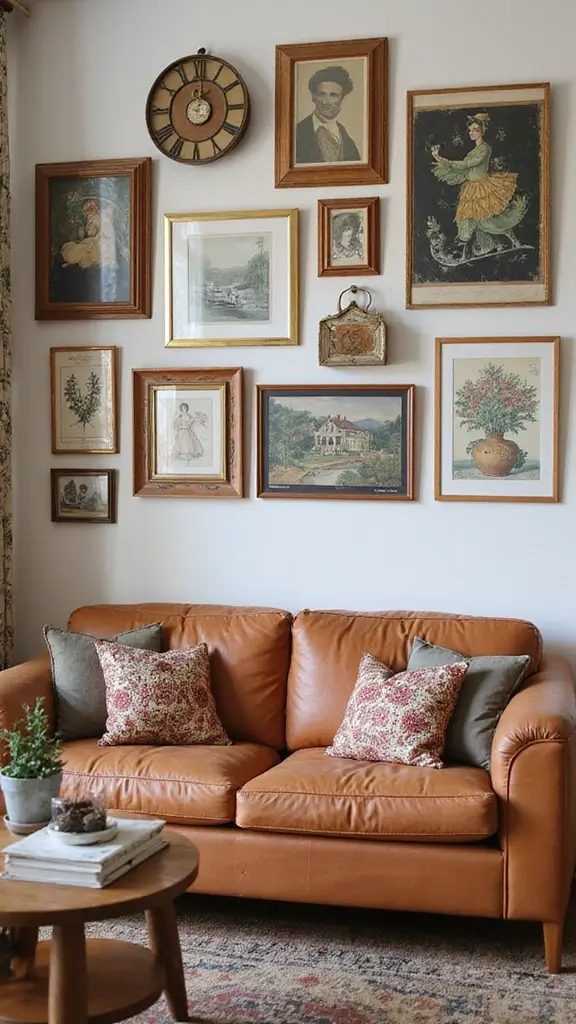 48 Gallery Wall Living Room Ideas That Tell Your Story - 18. Vintage Finds Gallery Wall