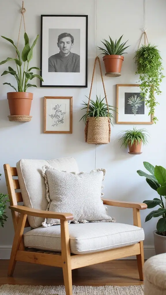 48 Gallery Wall Living Room Ideas That Tell Your Story - 20. Artistic Displays with Plants