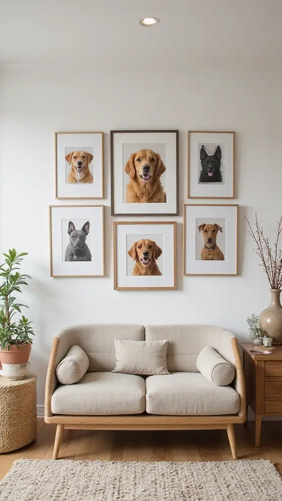 48 Gallery Wall Living Room Ideas That Tell Your Story - 22. Pet Portrait Gallery
