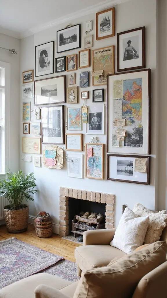 48 Gallery Wall Living Room Ideas That Tell Your Story - 23. Collage of Travel Souvenirs