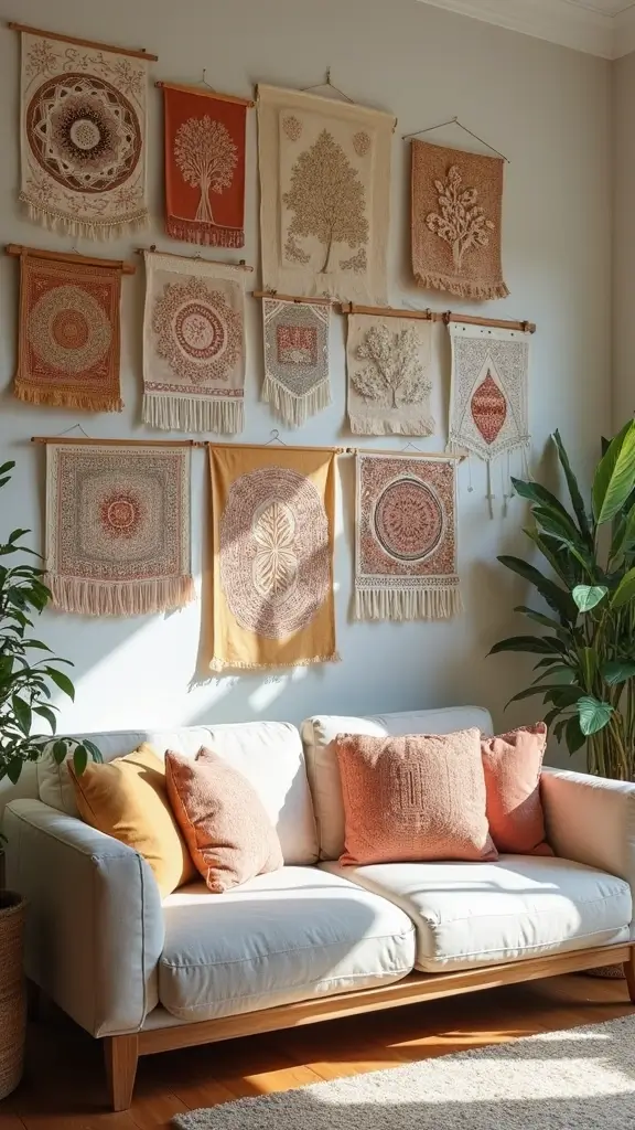48 Gallery Wall Living Room Ideas That Tell Your Story - 24. Artful Wall Hangings