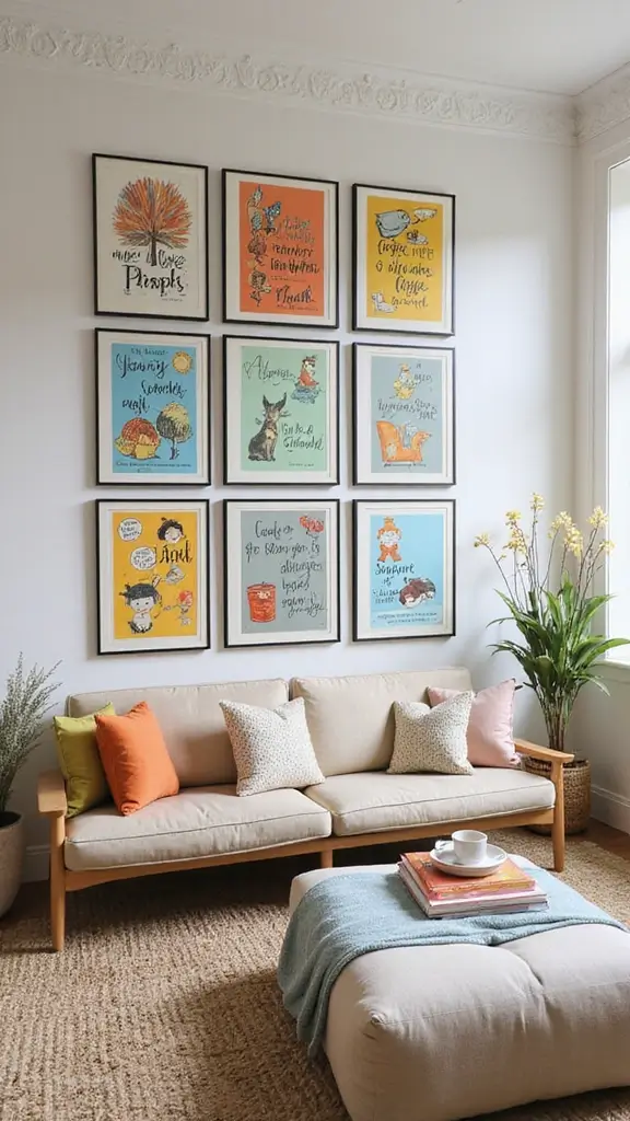 48 Gallery Wall Living Room Ideas That Tell Your Story - 25. Storybook Gallery Wall