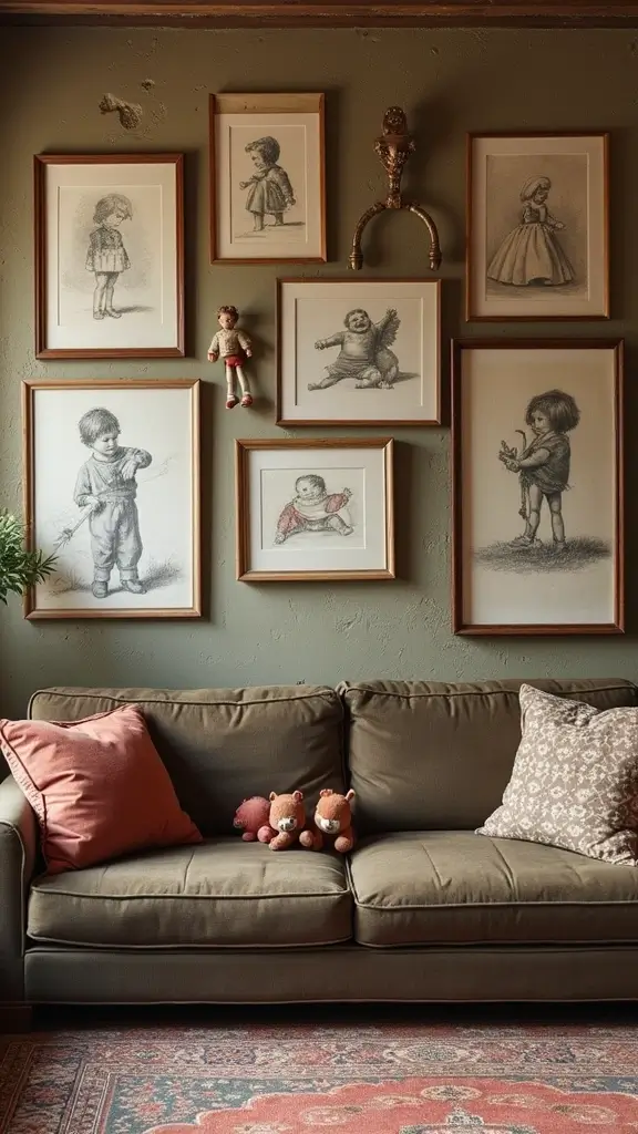 48 Gallery Wall Living Room Ideas That Tell Your Story - 29. Childhood Memories Gallery