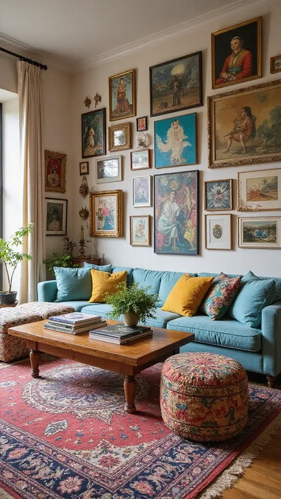 48 Gallery Wall Living Room Ideas That Tell Your Story - 3. Eclectic Art Mix