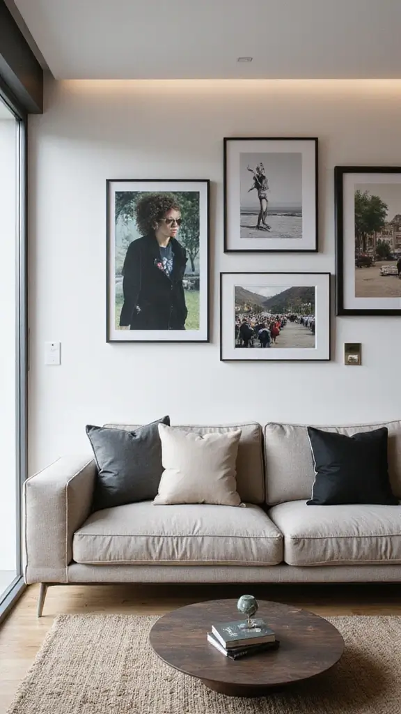 48 Gallery Wall Living Room Ideas That Tell Your Story - 30. Modern Art Display