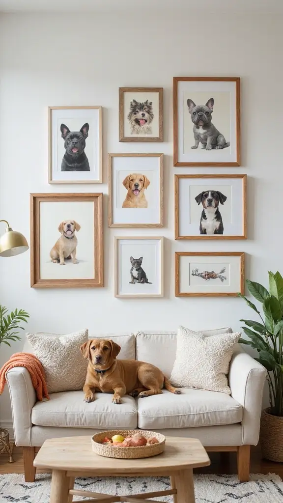 48 Gallery Wall Living Room Ideas That Tell Your Story - 33. Pet-Friendly Gallery Wall