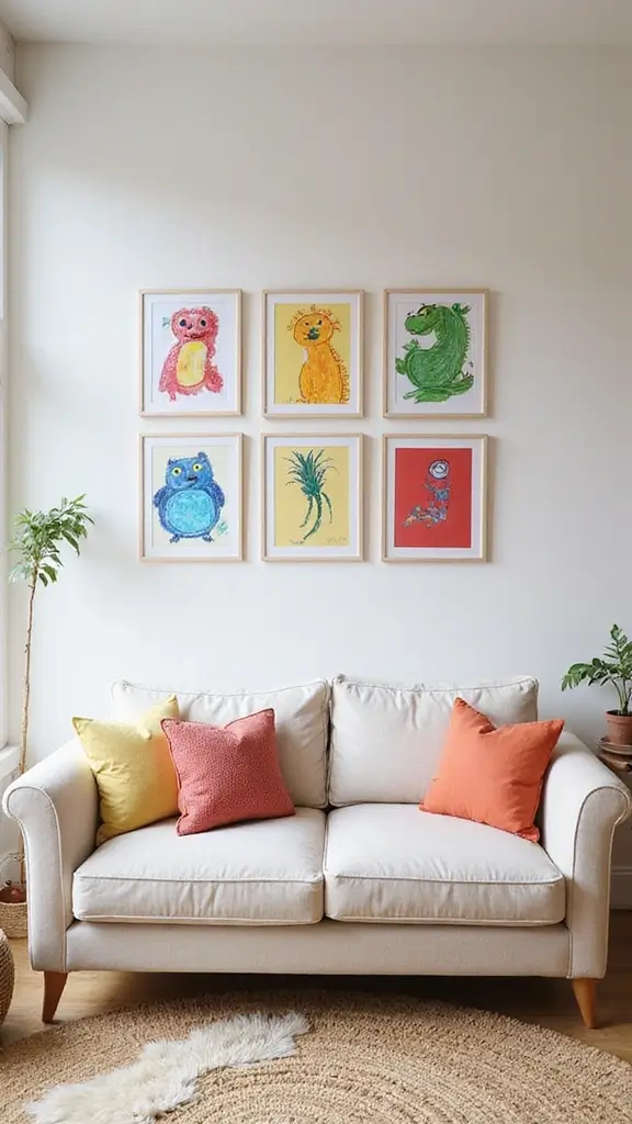48 Gallery Wall Living Room Ideas That Tell Your Story - 34. Kids' Artwork Gallery Wall