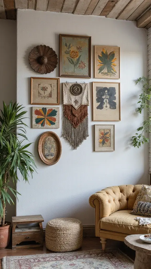 48 Gallery Wall Living Room Ideas That Tell Your Story - 35. Mixed Material Gallery