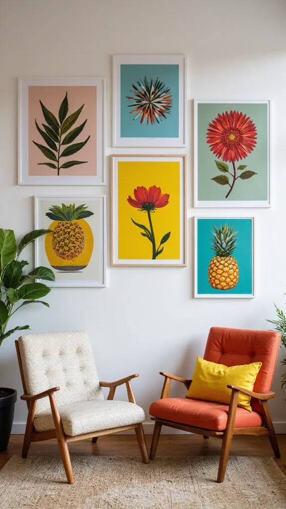48 Gallery Wall Living Room Ideas That Tell Your Story - 38. Bright and Bold Graphics