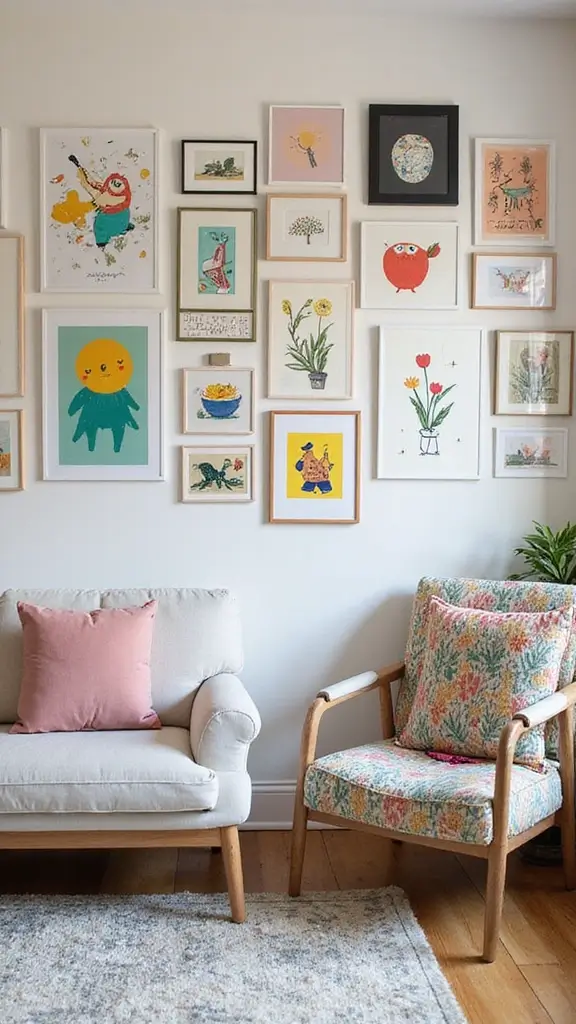 48 Gallery Wall Living Room Ideas That Tell Your Story - 39. Whimsical Wall Art