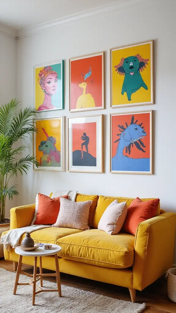 48 Gallery Wall Living Room Ideas That Tell Your Story - 41. Color Pop Gallery Wall