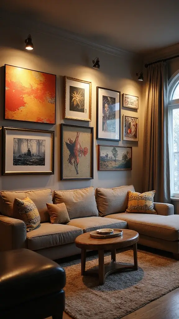 48 Gallery Wall Living Room Ideas That Tell Your Story - 47. Illuminated Gallery Wall