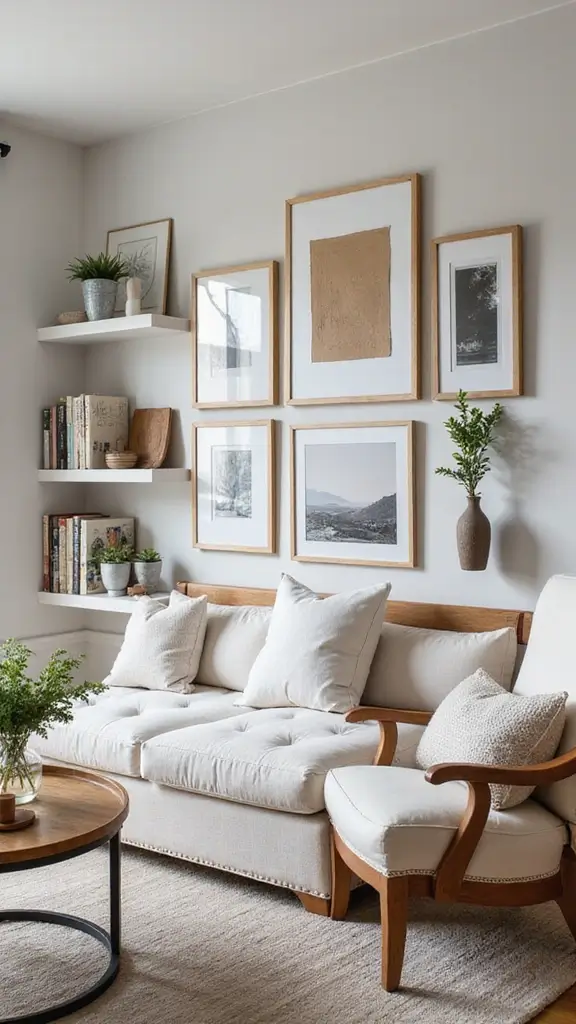 48 Gallery Wall Living Room Ideas That Tell Your Story - 6. Gallery Shelf Gallery Wall