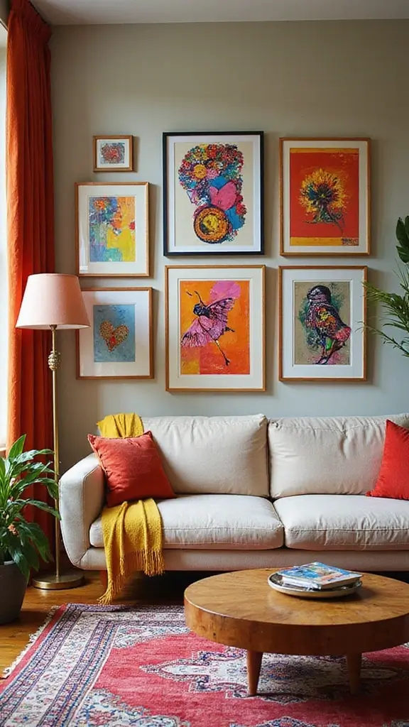 48 Gallery Wall Living Room Ideas That Tell Your Story - 8. Bold Color Statements