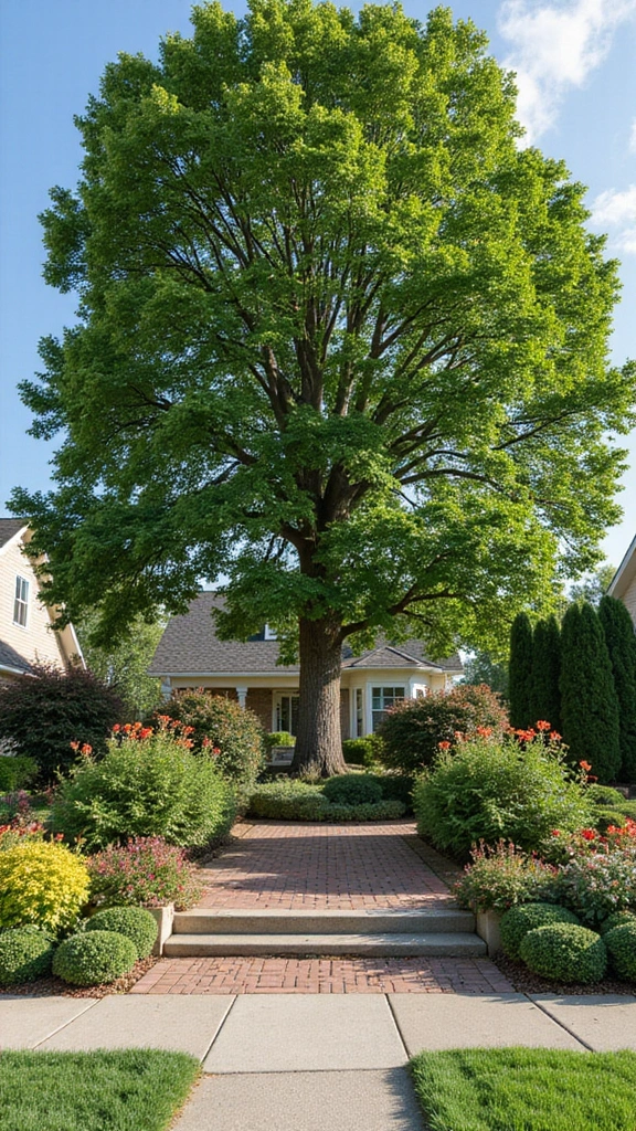 48 Garden Ideas Front of House That Instantly Impress Guests - 14. Create a Focal Point with a Tree
