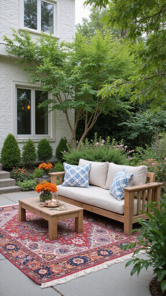 48 Garden Ideas Front of House That Instantly Impress Guests - 32. Outdoor Rugs
