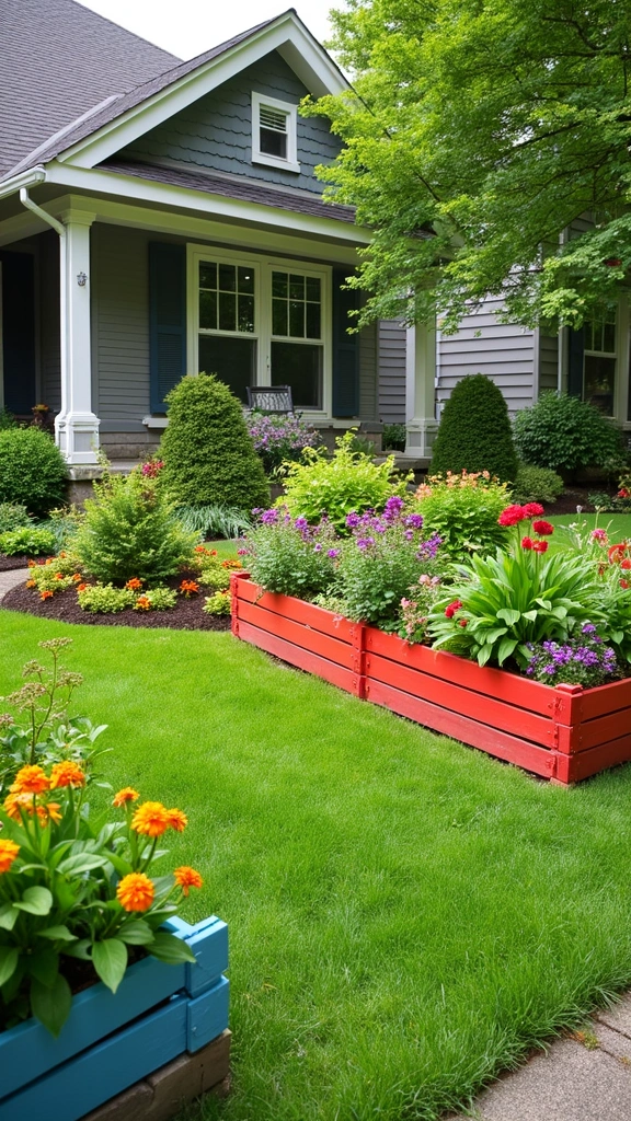48 Garden Ideas Front of House That Instantly Impress Guests - 34. Colorful Raised Garden Beds