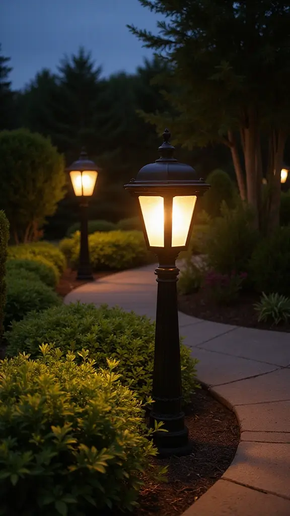 48 Garden Ideas Front of House That Instantly Impress Guests - 36. Garden Lighting Posts