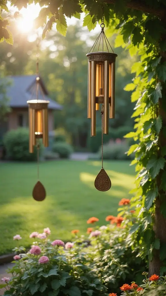 48 Garden Ideas Front of House That Instantly Impress Guests - 39. Wind Chimes and Sound Elements