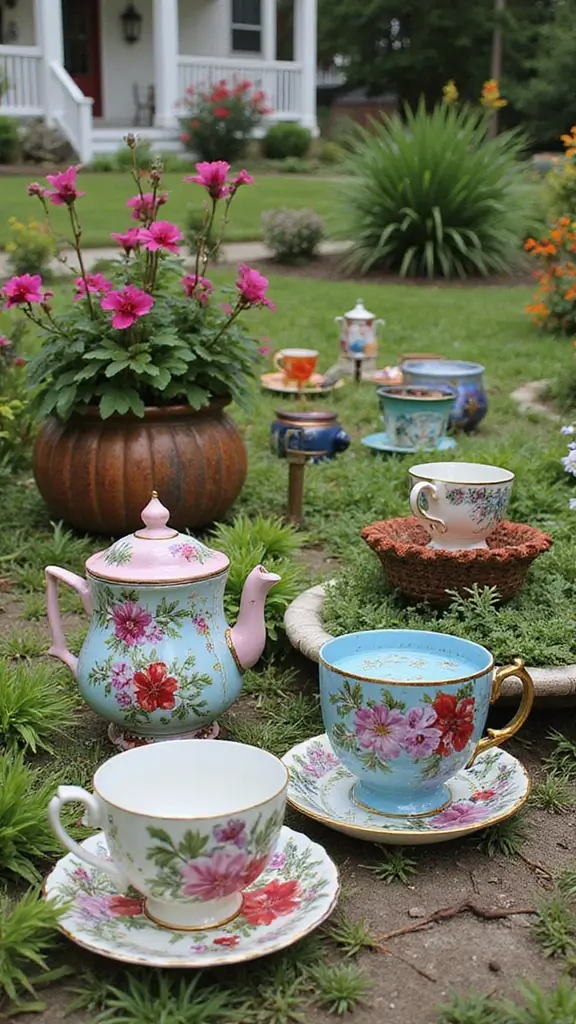 48 Garden Ideas Front of House That Instantly Impress Guests - 43. Upcycled Garden Art