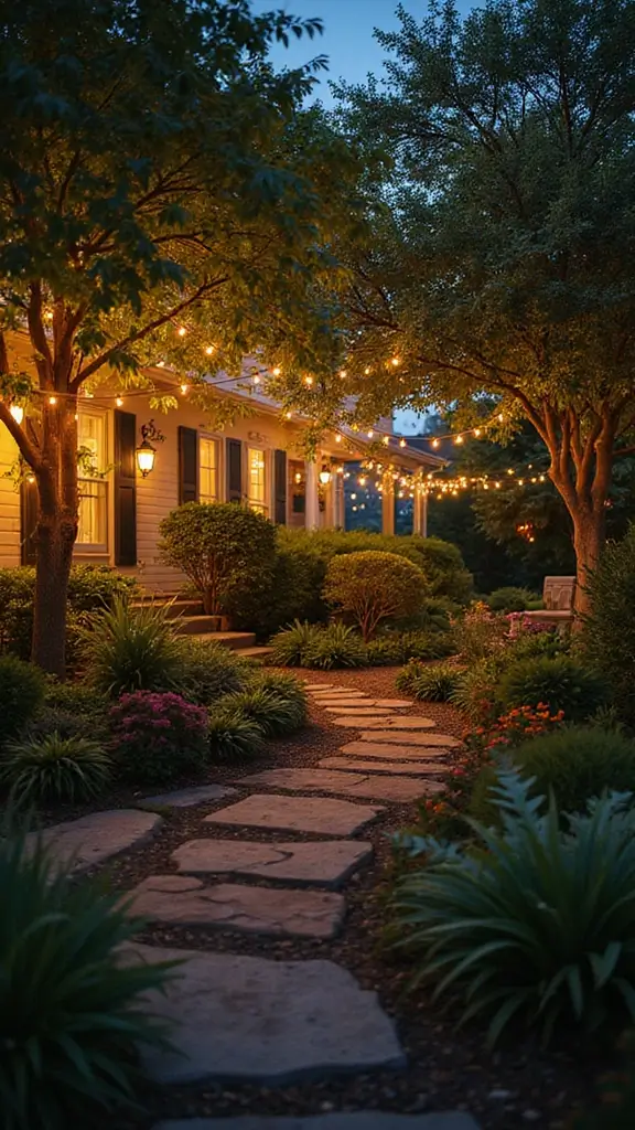 48 Garden Ideas Front of House That Instantly Impress Guests - 45. Garden Fairy Lights