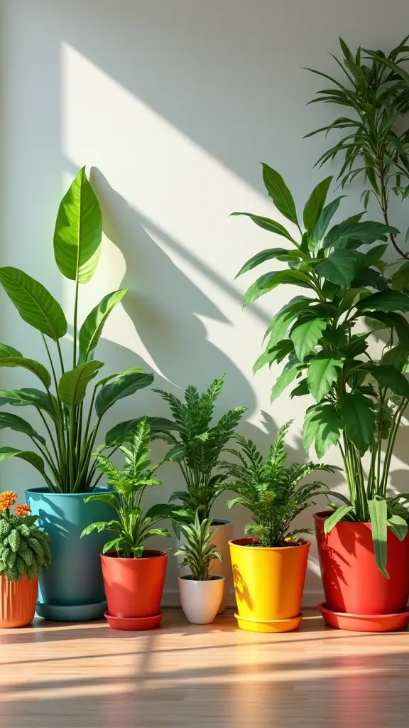 48 Green Walls Living Room Styles That Feel Fresh & Inviting - 10. Colorful Plant Containers