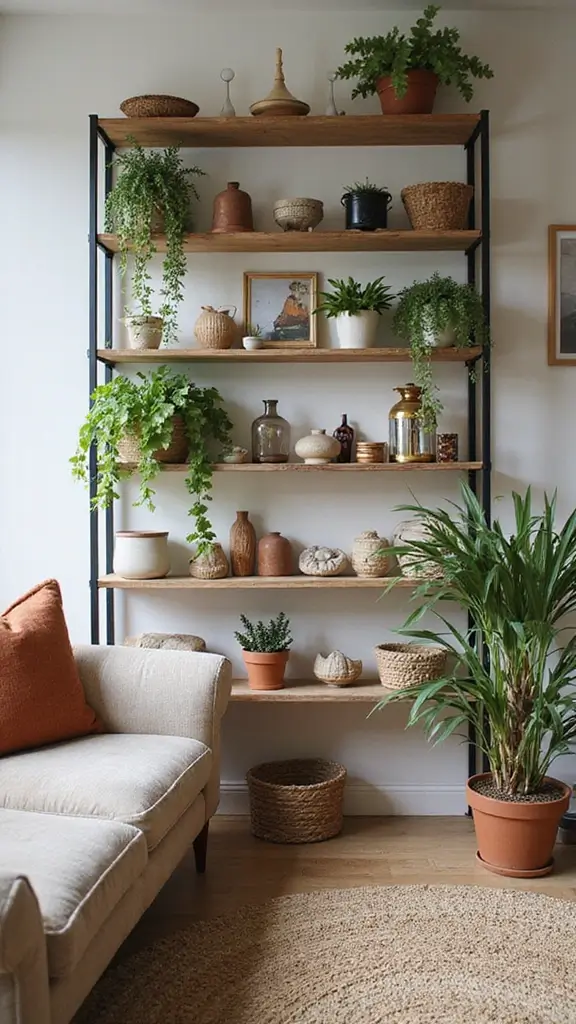 48 Green Walls Living Room Styles That Feel Fresh & Inviting - 2. Eclectic Plant Shelves