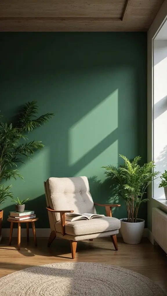 48 Green Walls Living Room Styles That Feel Fresh & Inviting - 20. Cozy Reading Corner with Green Walls