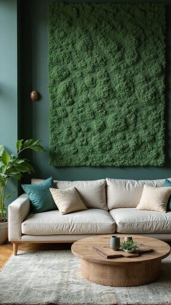 48 Green Walls Living Room Styles That Feel Fresh & Inviting - 27. Textured Green Wall Décor