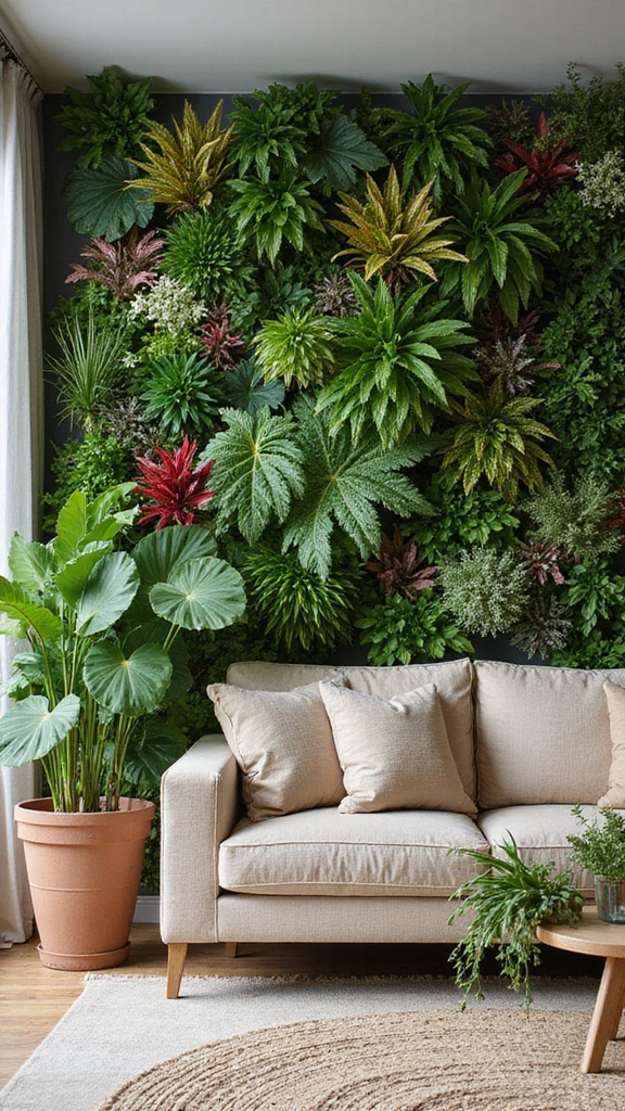 48 Green Walls Living Room Styles That Feel Fresh & Inviting - 31. Green Wall with Seasonal Plants
