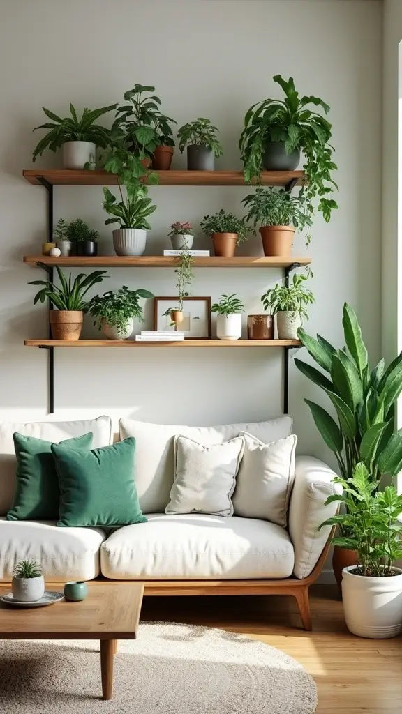 48 Green Walls Living Room Styles That Feel Fresh & Inviting - 37. Open Shelving with Plants